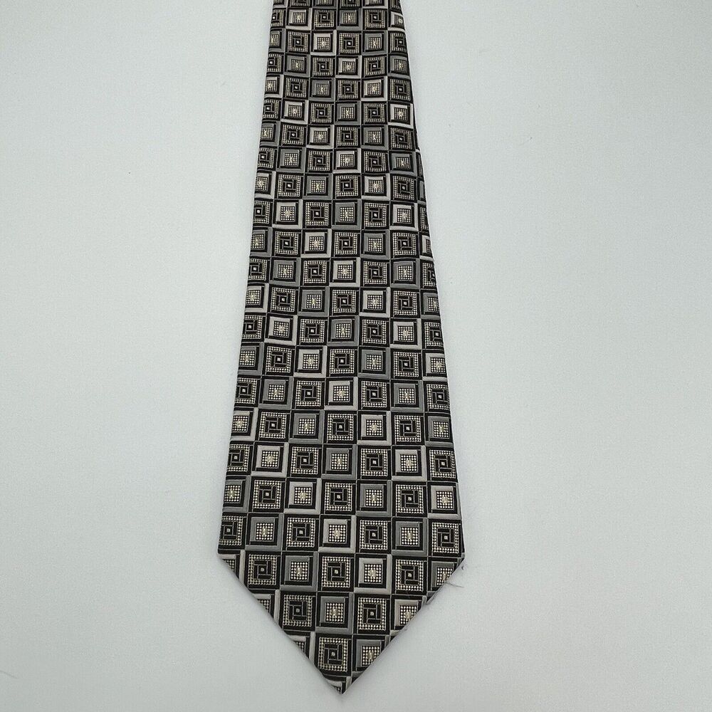 BURMA BIBAS 100% Silk Neck Tie 61" Long 4" Wide Metallic Geometric Print Grey